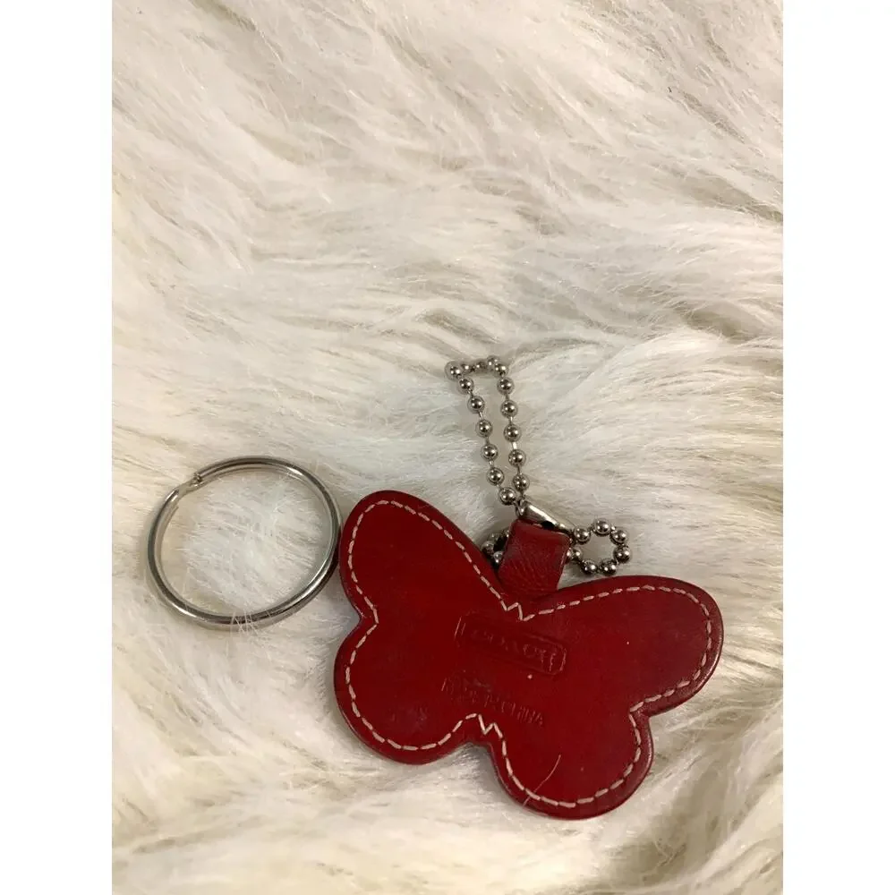 COACH Vintage Butterfly Charm Red Leather Key Ring Purse Fob